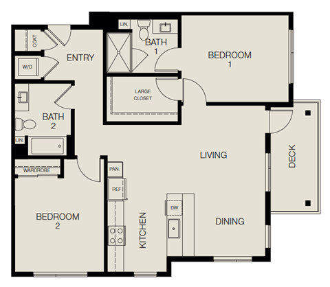 Floor plan for 2 beds, 2 baths, 1056 sqft
